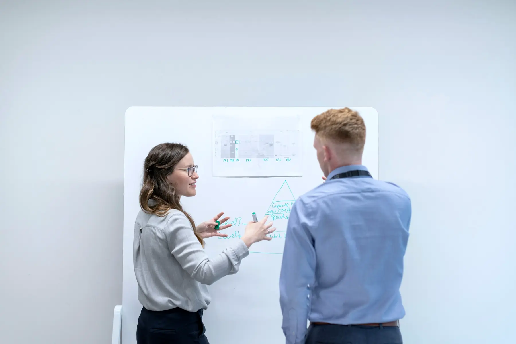 Two colleagues sketching a system diagram on a whiteboard